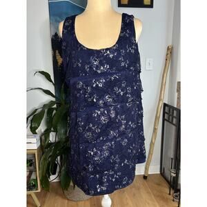 Lane Bryant Tank Top Womens 14/16 Navy Blue Floral Lace Tiered Ruffle Scoop Neck